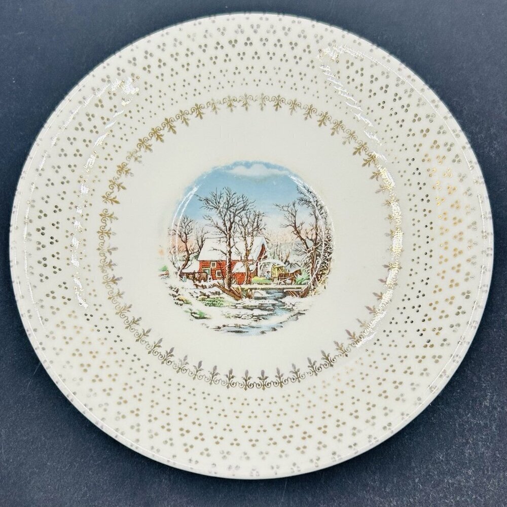 Coronet By Salem 6.25" Saucer 23k Gold Winter Farm Scene Vintage
